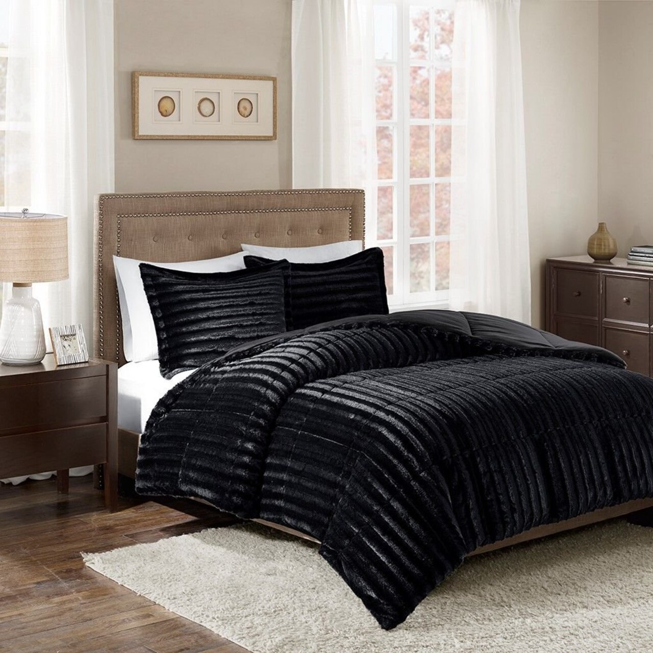 Edge Collections - 26" x 20" - Black - Duke Full Queen Grey Faux Fur Comforter Set - 1 Set